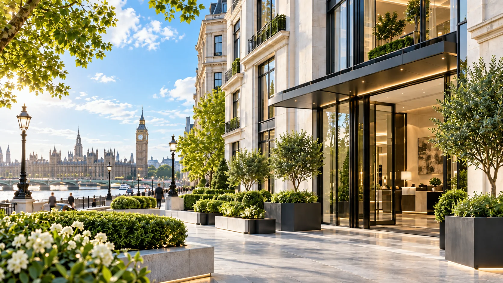 Premium riverside London property in clear daylight
